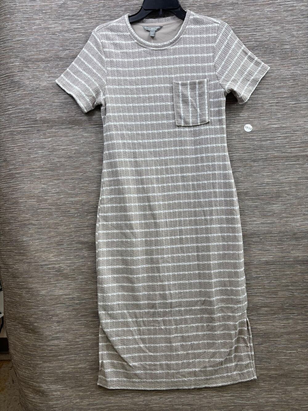 Andrew Marc T Shirt Dress Womens Small Beige Striped Knit Short Sleeve Midi